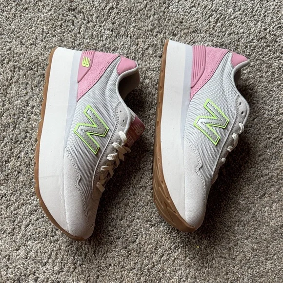 New Balance Women's Athletic Sneakers in Light Gray, Pink & Neon Green - Picture 3 of 5